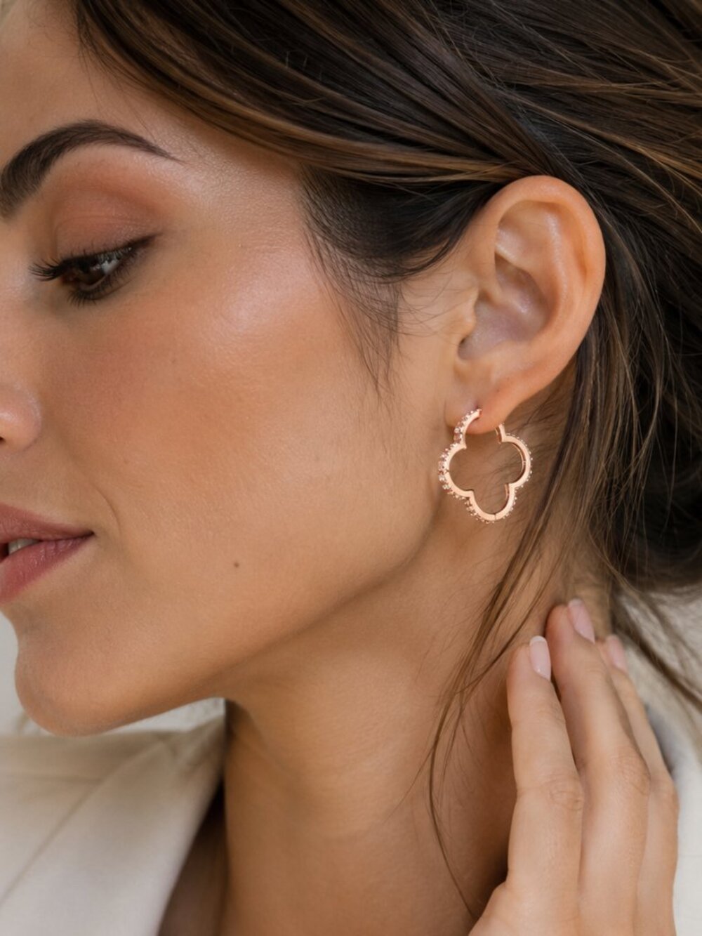 Rose Gold Clover Hoop Earrings Crystal Rhinestone Statement Jewelry